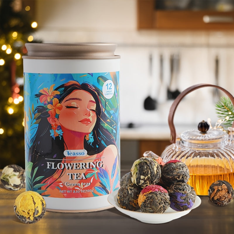 [Handmade Blooming Tea] 12 Flavor Mix Pack, Rich And Durable, Handmade Blooming Tea, 3.53oz(100g)*1pcs Dragon Ball Flowering Tea Ball (Green Tea Base) Rose, Gardenia, Jasmine, Lavender, Peony, Independent Packaging, Full Tast