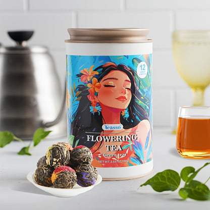 [Handmade Blooming Tea] 12 Flavor Mix Pack, Rich And Durable, Handmade Blooming Tea, 3.53oz(100g)*1pcs Dragon Ball Flowering Tea Ball (Green Tea Base) Rose, Gardenia, Jasmine, Lavender, Peony, Independent Packaging, Full Tast