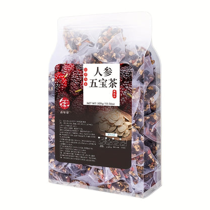 300g/10.58oz Ginseng Five Treasures Tea Blend - Mulberry, Goji Berry, Jujube, Red Date & Black Soybeans Mixed Herbal Tea Pack for Health & Wellness, Herbal Tea Blend | Decorative Packaging | Dried Fruit Tea