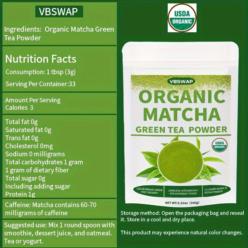 VBSWAP Organic Matcha Green Tea Powder, 3.52 Oz -100% Pure Matcha Powder, Used For Smoothies, Lattes, And Baking, Easy To Mix, Matcha Powder