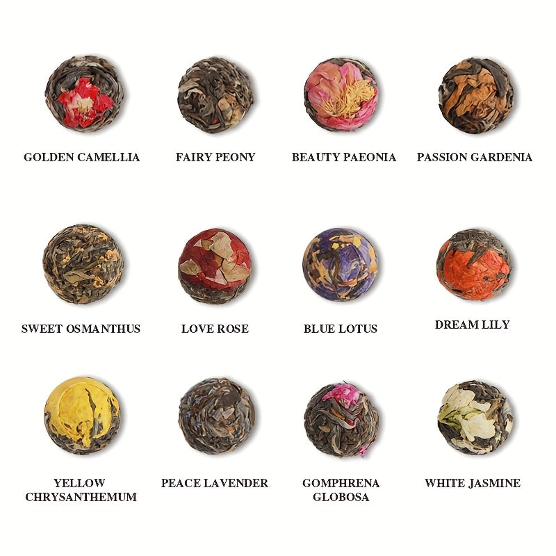 [Handmade Blooming Tea] 12 Flavor Mix Pack, Rich And Durable, Handmade Blooming Tea, 3.53oz(100g)*1pcs Dragon Ball Flowering Tea Ball (Green Tea Base) Rose, Gardenia, Jasmine, Lavender, Peony, Independent Packaging, Full Tast