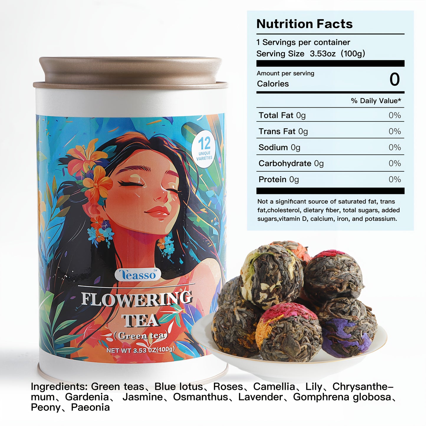 [Handmade Blooming Tea] 12 Flavor Mix Pack, Rich And Durable, Handmade Blooming Tea, 3.53oz(100g)*1pcs Dragon Ball Flowering Tea Ball (Green Tea Base) Rose, Gardenia, Jasmine, Lavender, Peony, Independent Packaging, Full Tast