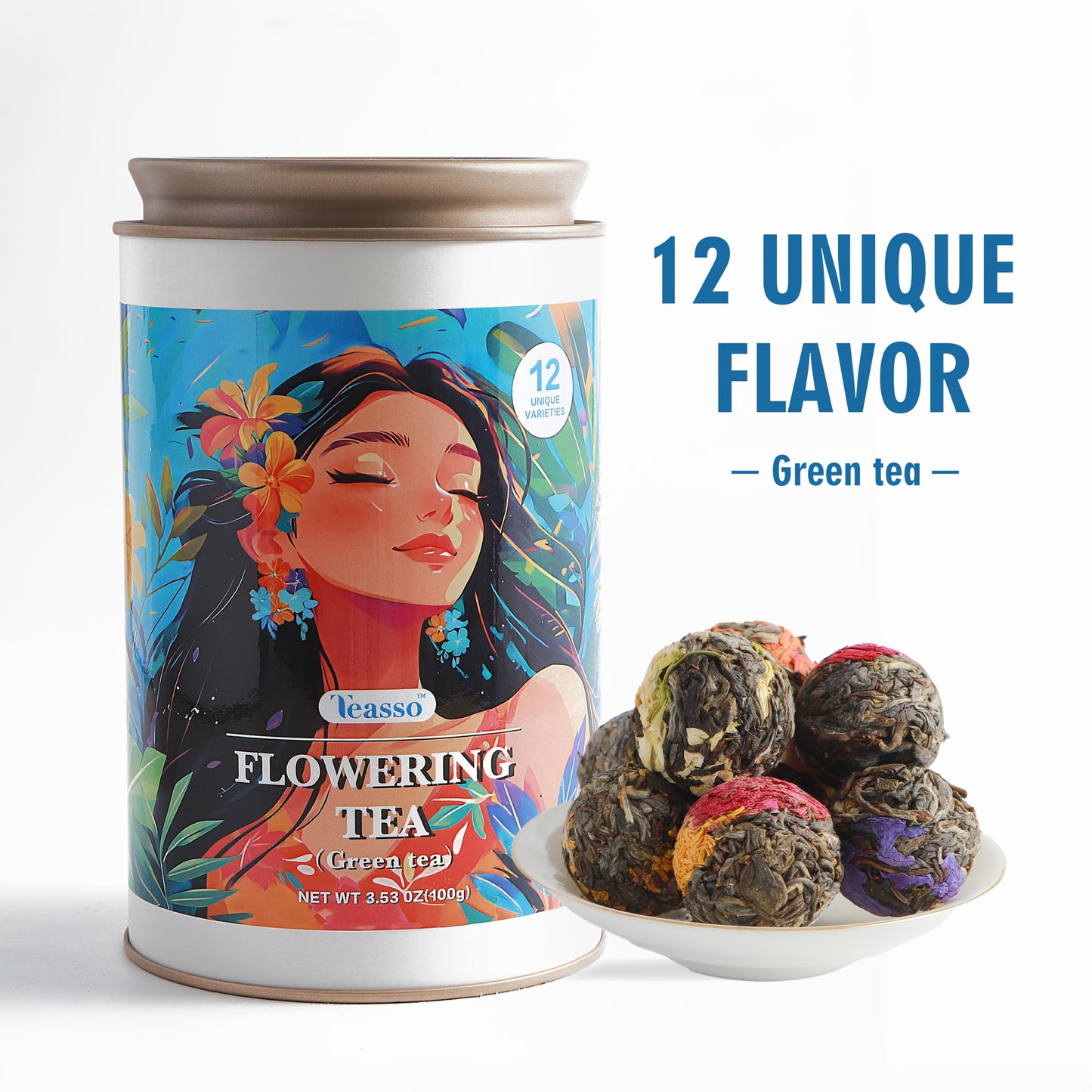 [Handmade Blooming Tea] 12 Flavor Mix Pack, Rich And Durable, Handmade Blooming Tea, 3.53oz(100g)*1pcs Dragon Ball Flowering Tea Ball (Green Tea Base) Rose, Gardenia, Jasmine, Lavender, Peony, Independent Packaging, Full Tast